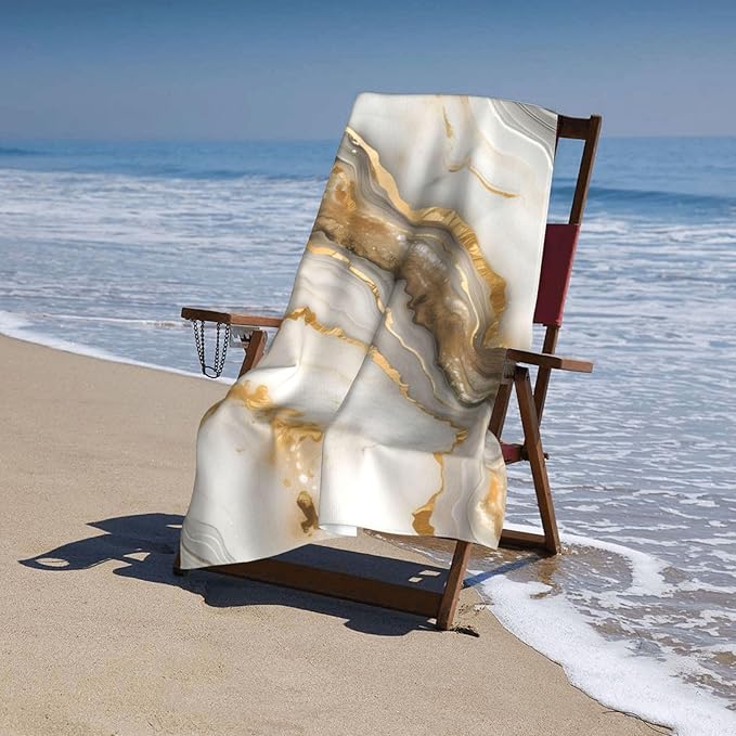 Gold Marble Beach Towel - Art Style - 32inx52in - 100% Cotton - Quick Dry - Absorbent - Lightweight - Sand-Free - Perfect for Beach, Pool & Bath