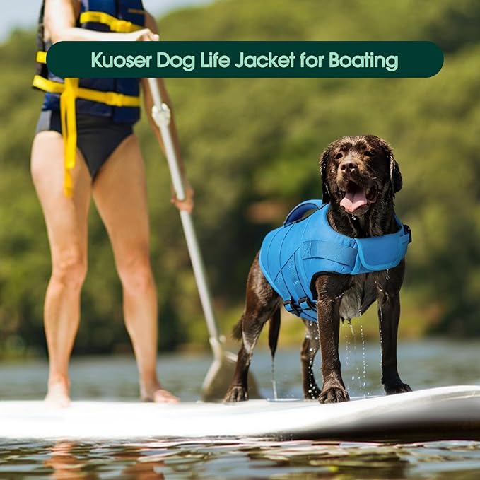 Kuoser Dog Life Jacket, High Flotation Dog Life Vest for Swimming Boating, Adjustable Small Medium Large Dogs Swim Vest with Rescue Handle and Pocket, Reflective Safety Pet Lifejacket Floats for Pool