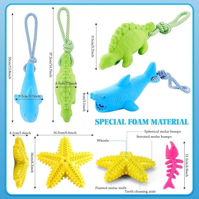 4 Pack Floating Dog Toys for Aggressive Chewers Summer Interactive Fetch Games Natural Teeth Cleaning for Small Medium Dogs Shark Dino Fish Starfish Set