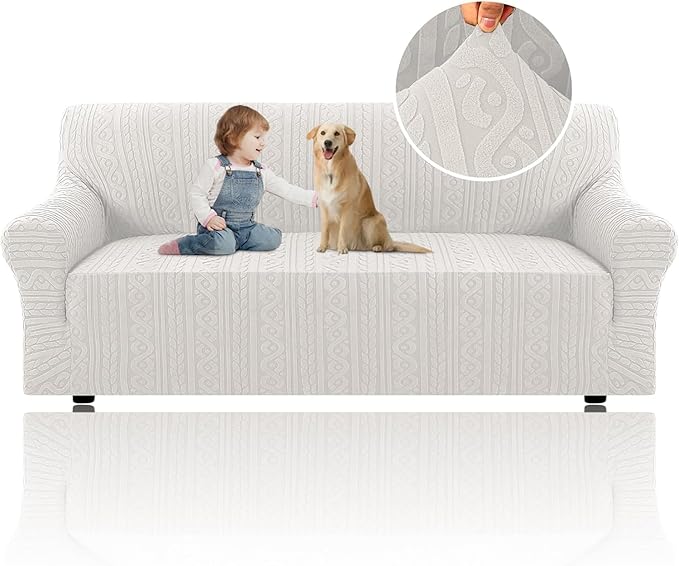 H.VERSAILTEX Jacquard Couch Covers for 3 Cushion Couch 1 Piece Stretch Sofa Cover Slipcover Furniture Protector Anti-Slip Soft Thickened Dogs Slipcovers Washable Spiral Pattern(Sofa, Pale Oak)