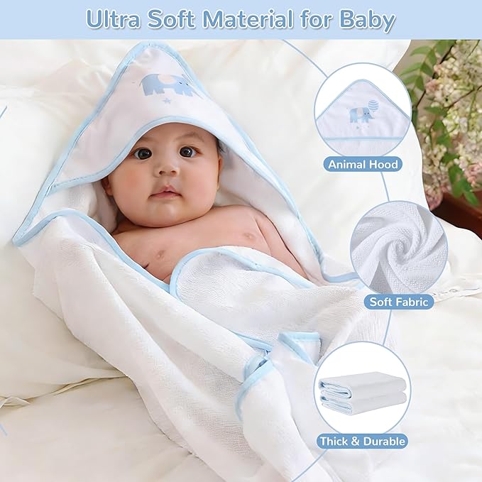 Viviland 6 Pcs Hooded Baby Towels and Washcloths Set, Super Gentle Bath Towels for Newborn Face & Body, Absorbent Wash Cloth for Infants Boys, Blue-Elephant Pattern, 28 x 28 inch