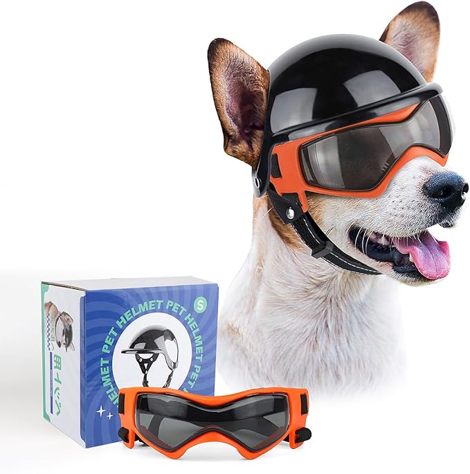 PETLESO Dog Goggles for Small Dogs with Helmet, 2PCS Doggy Sunglasses and Pet Motorcycle Helmet Set for Small Medium Breed Outdoor Driving Walking, Orange