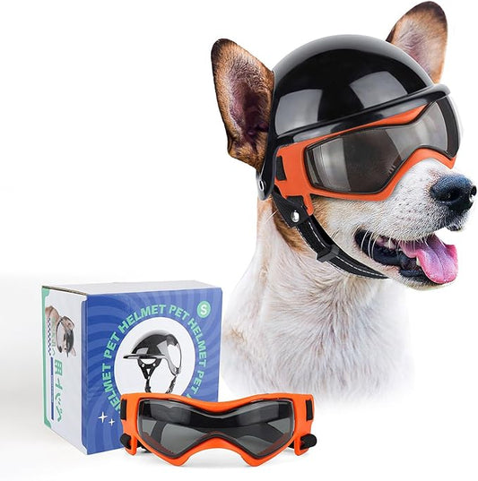 PETLESO Dog Goggles for Small Dogs with Helmet, 2PCS Doggy Sunglasses and Pet Motorcycle Helmet Set for Small Medium Breed Outdoor Driving Walking, Orange