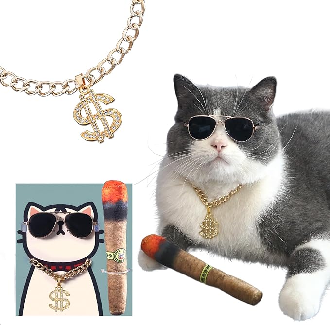 Fashion Cat Sunglasses and Gold Chain Toys Set, Cuban Link Necklace with Dollar Sign Charm, Puppy Costume Outfits Accessories for Small Middle Fat Cats (Cat)
