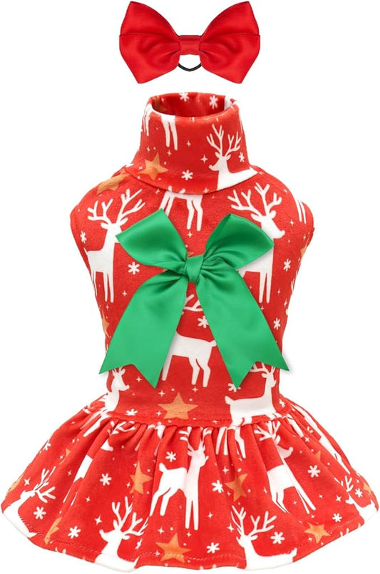 CuteBone Turtleneck Dog Velvet Dress Christmas Puppy Skirt Costume Pet Clothes Cat Apparel with Bow Hair Rope for Small Dogs CVD24S