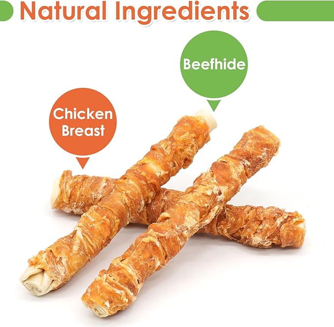MON2SUN Dog Treats, 9 Inch Chicken Wrapped Rawhide Rolls Snacks, Teeth Cleaning and Long Lasting Chews for Medium and Large Dogs, 23.28oz (6 Count-Pack of 2)