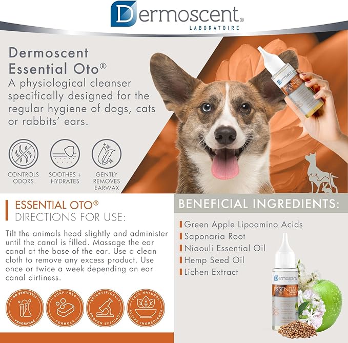 Dermoscent Essential OTO Ear Cleaner for Dogs, Cats, and Rabbits | 100% Natural Formula with Hemp Seed Oil, Gentle Earwax Removal, Odour Control, Ideal for Sensitive Ears