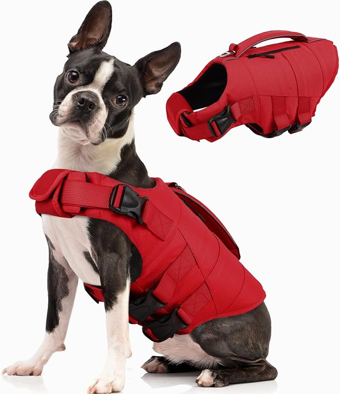 Kuoser Dog Life Jacket, High Flotation Dog Life Vest for Swimming Boating, Adjustable Small Medium Large Dogs Swim Vest with Rescue Handle and Pocket, Reflective Safety Pet Lifejacket Floats for Pool