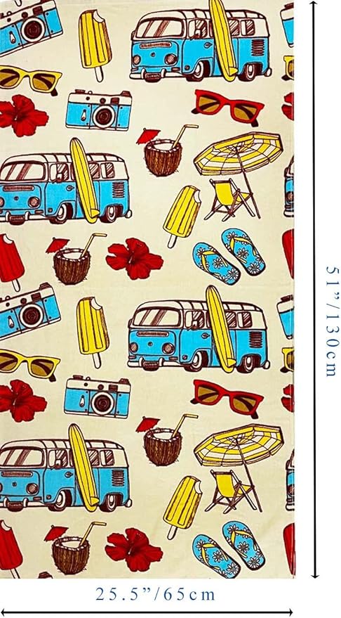 YIFONTIN Kids Beach Towel Velour Terry Blanket Throw 100% Cotton Super Soft Absorbent 25.5X51 inches for Bath Swimming Sports Camping Holiday Picnic, Bus Coconut Parasol Lounge Audio Player.