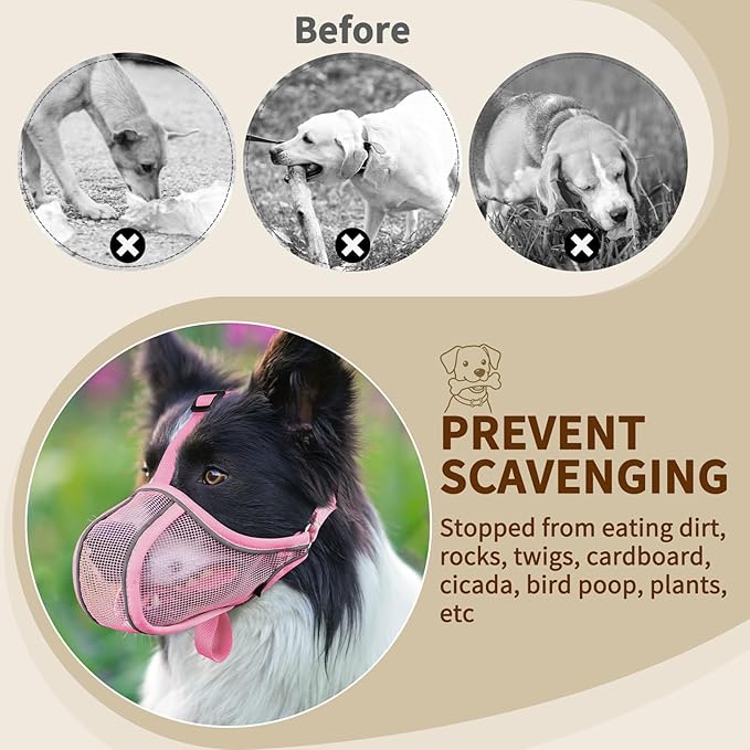 Mayerzon Dog Muzzle to Prevent Biting Scavenging Chewing, Soft Mesh Puppy Muzzles for Small Medium Sized Dogs, Breathable Reflective Adjustable Mouth Guard for Grooming Walking Training (S, Pink)