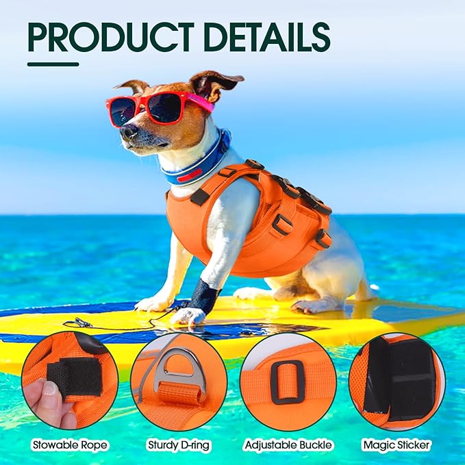 Kuoser Dog Life Jacket, High Flotation Dog Life Vest for Swimming Boating, Adjustable Ripstop Pet Lifesaver for Small Medium and Large Dogs, Reflective Safety Puppy Swimming Vest with Rescue Handle