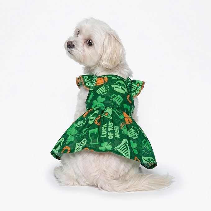 Fitwarm St Patricks Day Ruffle Dog Dress, Lucky Dog Clothes for Small Dogs Girl, Funny Pet Outfit, Green, Orange, Medium