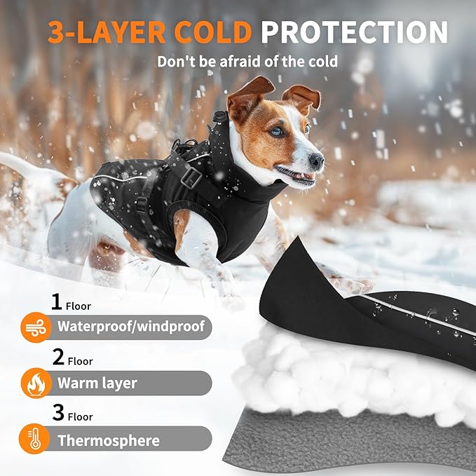 Dog Winter Coat Reflective Water-Resistant Jacket, Fleece Lined Windproof Puppy Coat with Back Zipper & D-Ring, Cold Weather Dog Coats for Small Medium Dogs (XXL, Black)