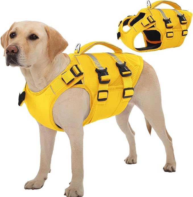 Kuoser Dog Life Jacket, High Flotation Dog Life Vest for Swimming Boating, Adjustable Ripstop Pet Lifesaver for Small Medium and Large Dogs, Reflective Safety Puppy Swimming Vest with Rescue Handle