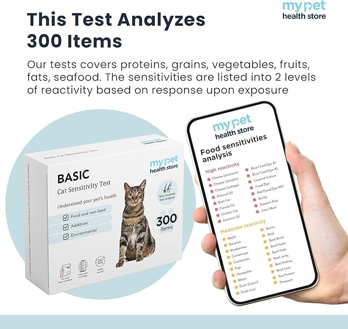 Allergen Sensitivity Test - Home Cat Allergen Test | 300 Items | Fast 3-5 Day Results | Gentle Fur Sampling | Comprehensive Food & Environment Analysis | Suitable for All Cats