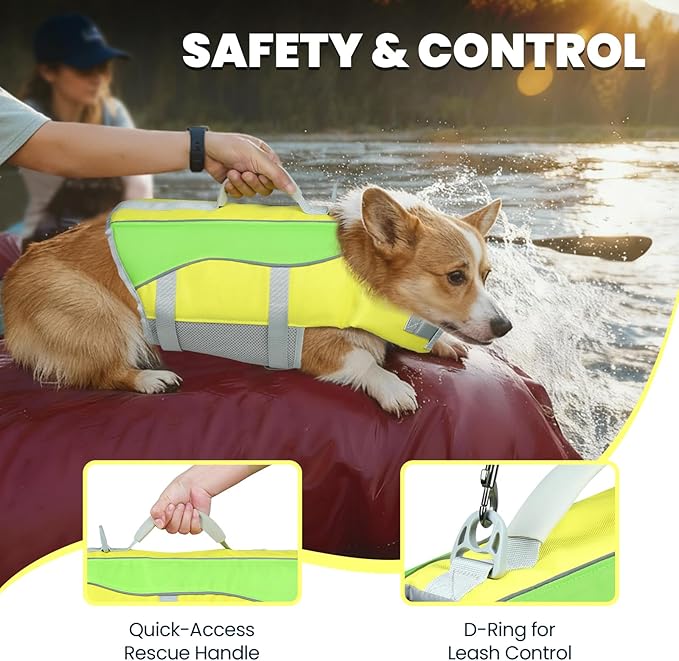 VIVAGLORY Front Float Dog Life Vest, Dog Life Jacket for Swimming & Boating, Swimming Vest with Chin Float & Handle, Ripstop & Buoyancy for Puppy Doggy, XL, Yellow Grey