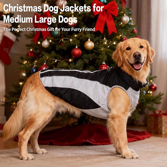 Dog Coats for Large Dogs with Harness Built in, Waterproof Dog Jacket Warm Pet Winter Coat Snowsuit for Cold Weather, Reflective Fleece Windproof Jacket, Black, U-LDMF03XL