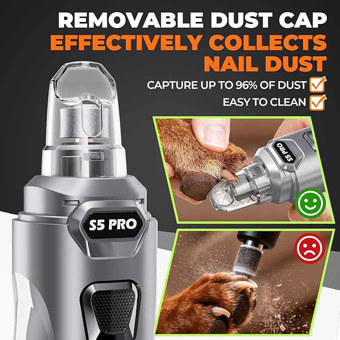 Whisper Quiet Dog Nail Grinder with LED Light, Safe & Stress-Free for Sensitive Dogs of All Breeds & Sizes, 3 Grinding Bits, 3-Speed, Pet Nail Trimmers, Rechargeable Painless Grooming Kit Grey