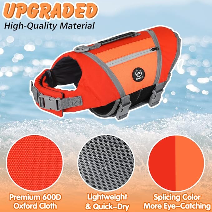 EMUST Dog Life Vests, Lightweight Dog Floating Vest with Durable Rescue Handle Quick-Release Buckles, Adjustable Pet Lifejacket with Pockets for Bulldogs, Dachshunds, Corgis, Orange, XXL