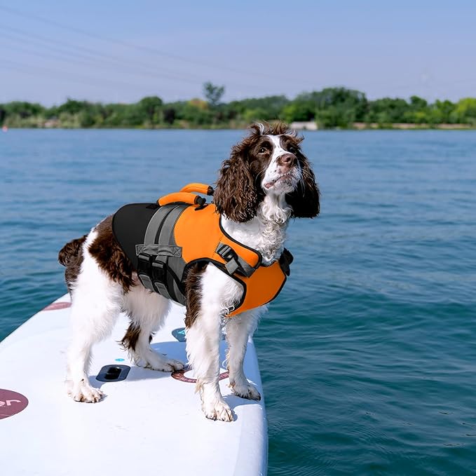 Kuoser Dog Life Jacket, Large High Flotation L Dog Life Vest for Swimming Boating, Reflective Dogs Swimsuit Lifejacket, Pet Life Preserver with Double Rescue Handle, Orange, L