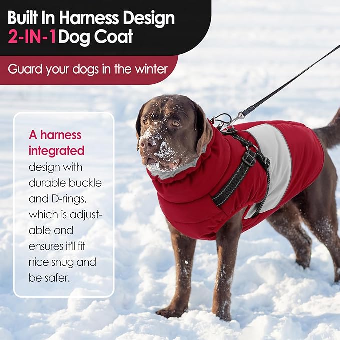 AOFITEE Dog Winter Coat, Dog Christmas Sweater, Dogs Coat with Harness Built in, Warm Jacket for Large Dogs, Reflective Waterproof Pet Puffer Jacket Snowsuit Windproof Pet Sweater, Burgundy XL