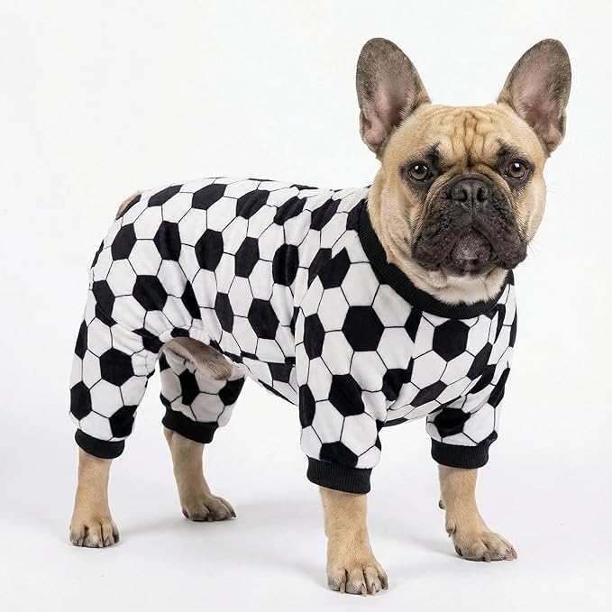 Fitwarm Soccer Dog Fleece Pajamas, Cozy Winter Clothes for Small Dogs Boy Girl, Funny Pet Clothes, Black, White, XS