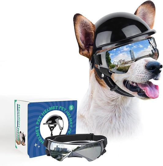 PETLESO Small Dog Goggles with Helmet, 2PCS Dog Sunglasses and Pet Motorcycle Helmet with Ear Holes, Small Medium Breed Outdoor Driving Walking Biking Protection, Silver