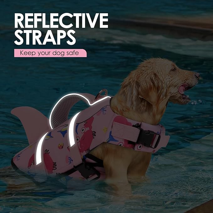 AOFITEE Dog Life Jacket, Dog Life Vest for Swimming, Shark Dogs Swimming Vest with Rescue Handle and Reflective Stripe, Ripstop Pet Float Coat Swimsuit Lifesaver Small Medium Large Dogs Pink M
