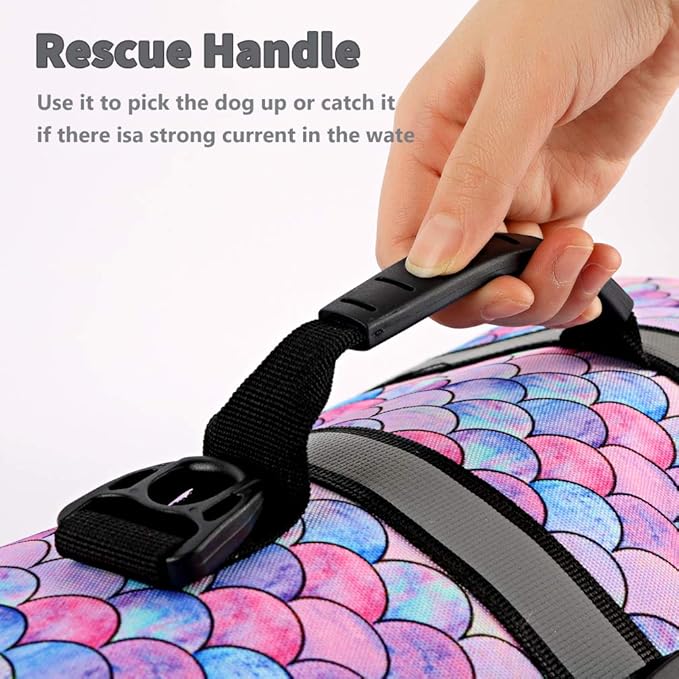 Dog Life Jacket Ripstop Pet Safety Floatation Vest Adjustable Dog Life Preserver Reflective Durable Rescue Handle Pet Lifesaver for Small Medium Large Dogs Swimming Beach Boating（Mermaid, M）