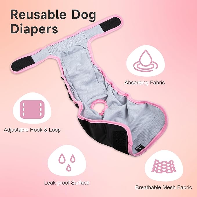 Washable Dog Diapers for Heat & Periods - Reusable Female Dog Diapers with Adjustable Snaps (Large)