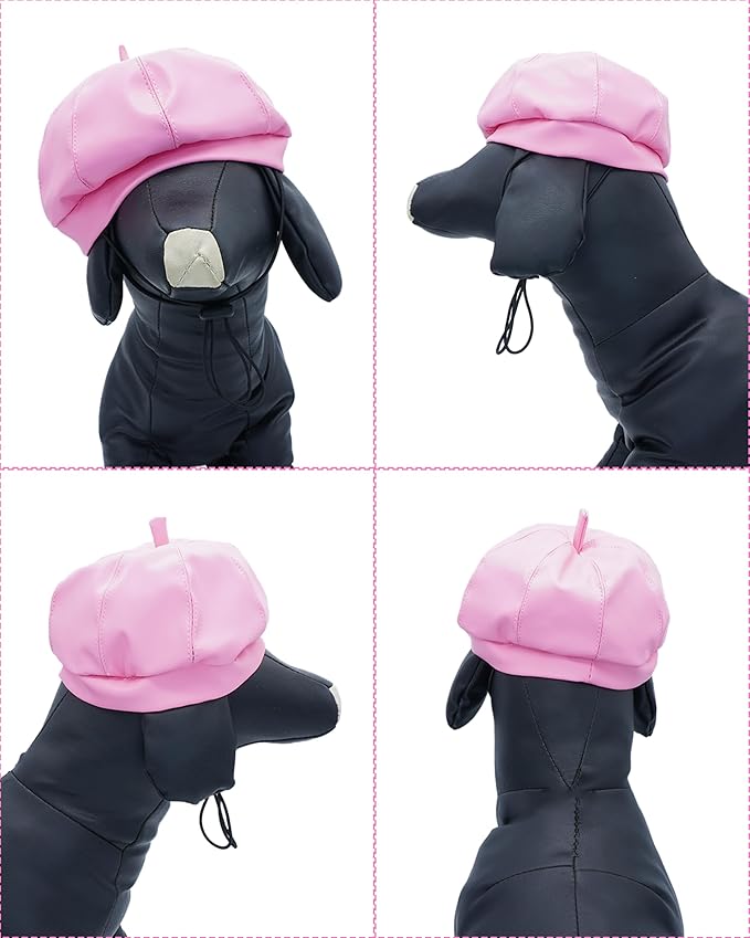 PET SHOW Dog Beret Hat for Small Dogs Cats Party Holiday Headband Cap French Leather Berets with Adjustable Chin Strap Cute Fashion Puppy Hats Pets Costumes Accessories(Pink,S)