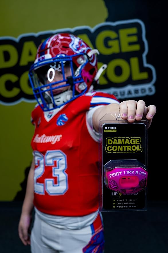 DAMAGE CONTROL Youth Football Mouth Guard – Breathable No Boil Mouthpiece, Protects Lips & Teeth, Works with Braces, Includes Helmet Strap – Sports Gear & Accessories (Fight Like Girl)