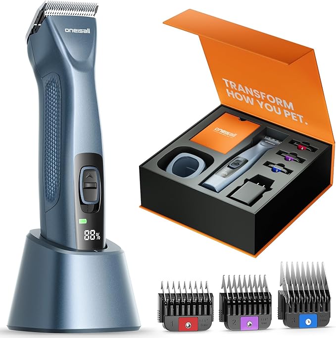 oneisall Cordless Professional Dog Grooming Clippers, 2-Speed Dog Clippers for Grooming Heavy Duty/Thick Hair, Detachable Carbonized Steel Blade Metal Combs, Removable Battery(Blue)