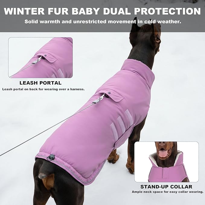 Mklhgty Extra Warm Dog Coat, Waterproof Dog Winter Jacket with Leash Portal, Fleece Reflective Pet Snow Vest for Small Medium Large Dogs - Lilac - L