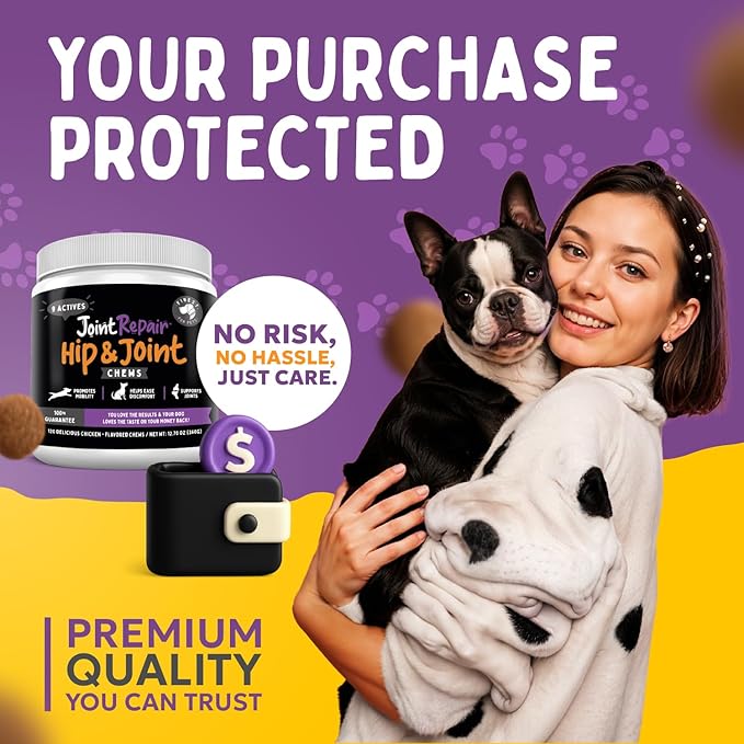 Joint Repair Dog Hip and Joint Supplement with Glucosamine, Chondroitin, Omega 3, MSM, Hemp & Turmeric. Supports Hip & Joint Health, Mobility & New Cartilage. 120 Chicken Flavor Chews, Made in USA