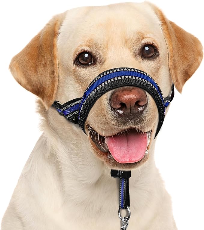 BARKLESS Soft Dog Head Collar, Patented Padded No Pull Head Halter, Training Nose Leash with Safety Link for Medium Large Dogs, Adjustable Muzzle Leash, Easy Control for Walking(Blue, M)