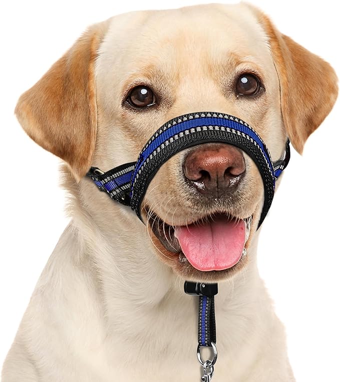 BARKLESS Soft Dog Head Collar, Patented Padded No Pull Head Halter, Training Nose Leash with Safety Link for Medium Large Dogs, Adjustable Muzzle Leash, Easy Control for Walking(Blue, XL)