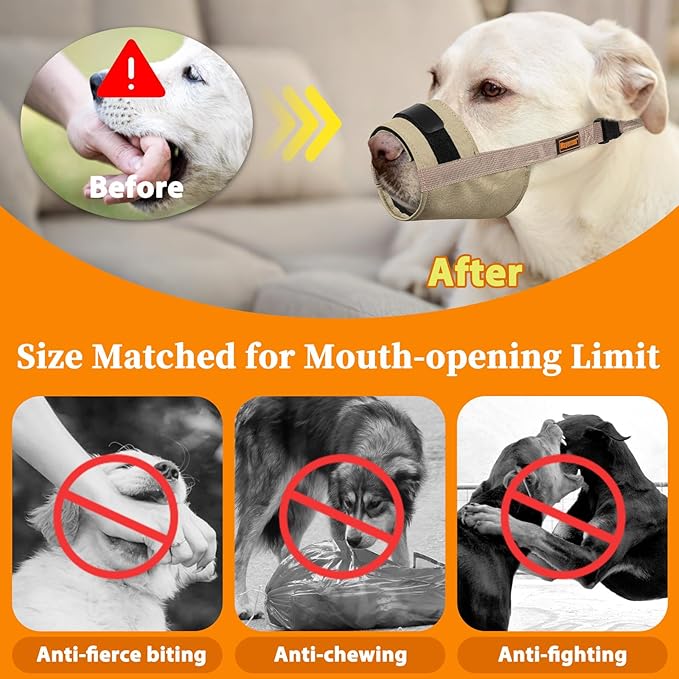 Mayerzon Dog Muzzle for Large Medium Small Dogs, Adjustable Fit, Soft & Sturdy Fabric, Prevents Fierce Barking Biting Chewing, Ideal for Grooming Walking Vet Visits, Allows to Pant Drink (Khaki, XL)
