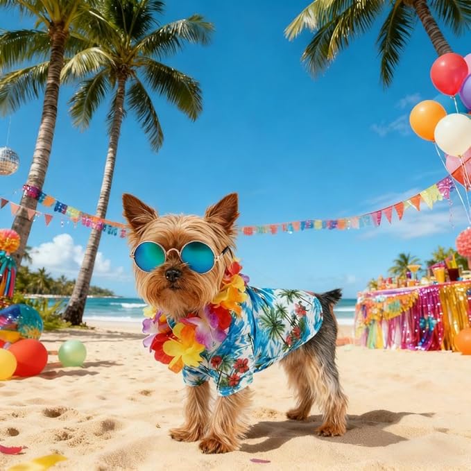 Pet Hawaiian Costume Summer Shirts with Sunglasses Colorful Wreath for Small Dog Cat Hawaii Luau Halloween Party