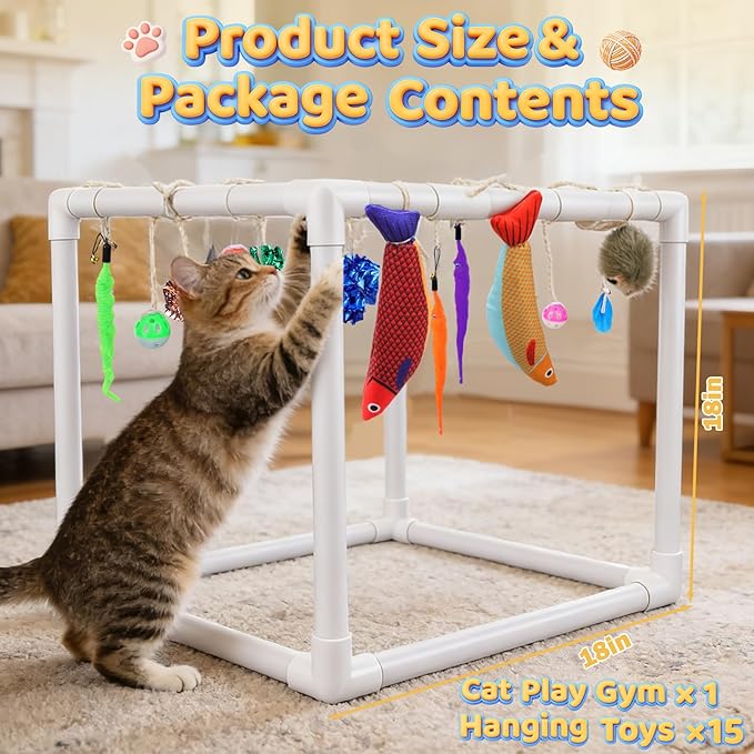 BABORUI Cat Play Gym, Indoor Hanging Activity with 15 Toys, Cat Toys to Keep Them Busy, Adjustable Cat Playground for Indoor Cats at Home