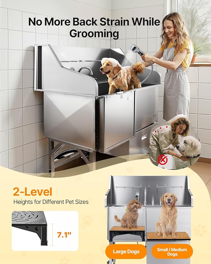 VEVOR Dog Bath Tub, Professional 50 Inch 304 Stainless Steel Dog Washing Station Anti-Slip Ramp & Storage Drawer, Hot Cold Water Faucet and Showerhead for Large Medium Small Dogs (Left Door)