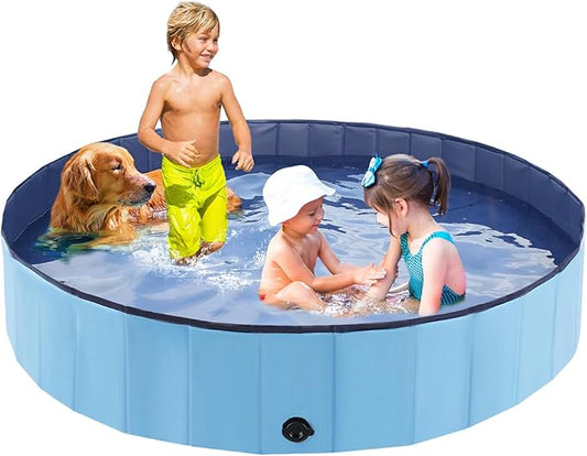 Foldable Dog Pool, Portable Pet Bath Tub and Kiddie Swimming Pool, Collapsible Bathtub for Puppies, Small, Medium and Large Dogs, Cats and Kids, 87 x 12 in, Blue