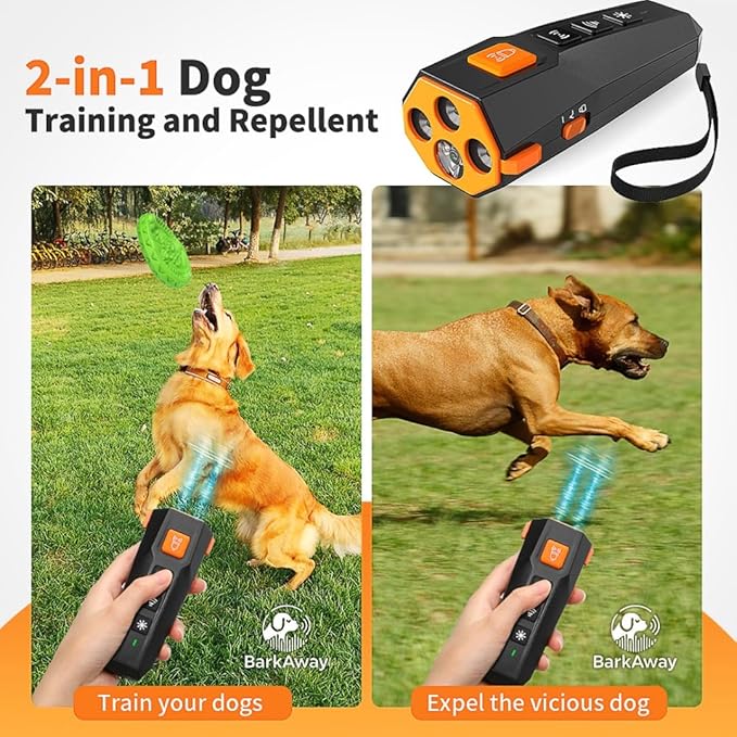 Ultrasonic Dog Bark Deterrent Device - 4 Training Modes, Rechargeable with LED Flashlight, Stop Neighbor's Dog Barking, Humane Long Range Anti-Bark Tool Indoor/Outdoor
