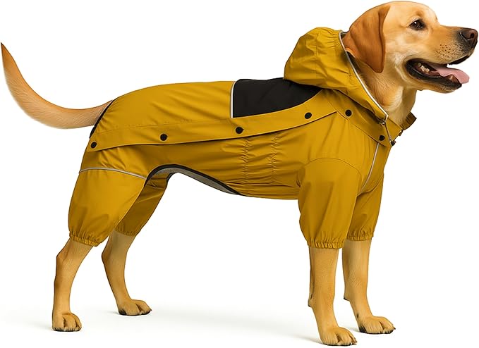 LOVELONGLONG Fleece-Lined Dog Raincoat with Removable Hood – Waterproof Winter Full Body Dog Jacket – Windproof Snowproof Cold-Weather Suit – Yellow-F S