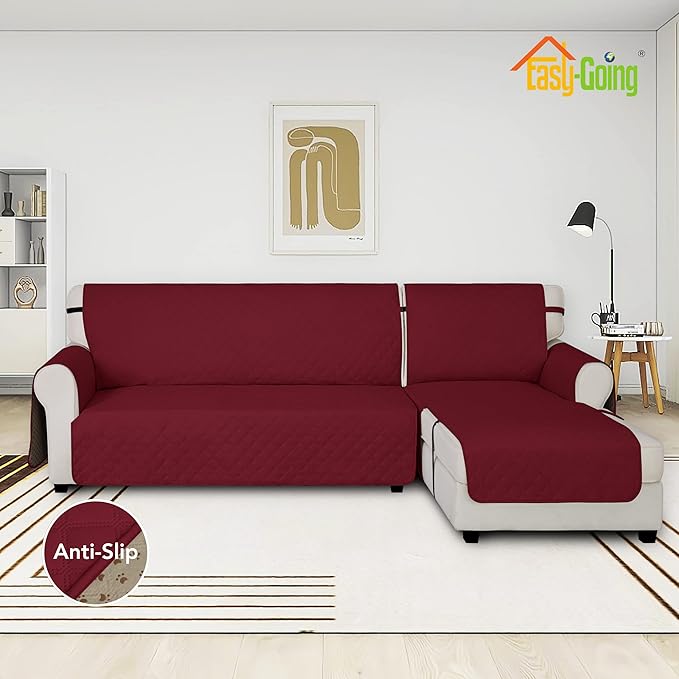 Easy-Going Waterproof Sectional Couch Covers with Chaise 2-Piece Non Slip L Shape Sofa Cover for Dogs Leakproof Furniture Protector Cover with Adjustable Strap for Pets (X-Large, Christmas Red)