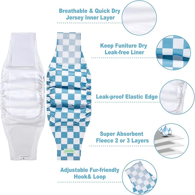 wegreeco Small Dog Diapers Male,Reusable Belly Bands for Male Dogs,Washable Doggie Puppy Male Diapers Wraps,Medium Large Size (5 Pack Large, Blue Coffee Checkerboard)