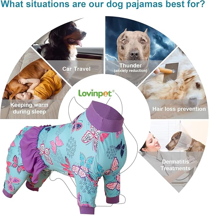 LovinPet Large Dogs Clothing, Post Surgery Comfort Pajamas, Lightweight Stretchy Fabric, Navy Butterfly Wings Print, Large Dog Pajamas, Pitbull Clothes, Undershirt for Dog Dresses, Pink L
