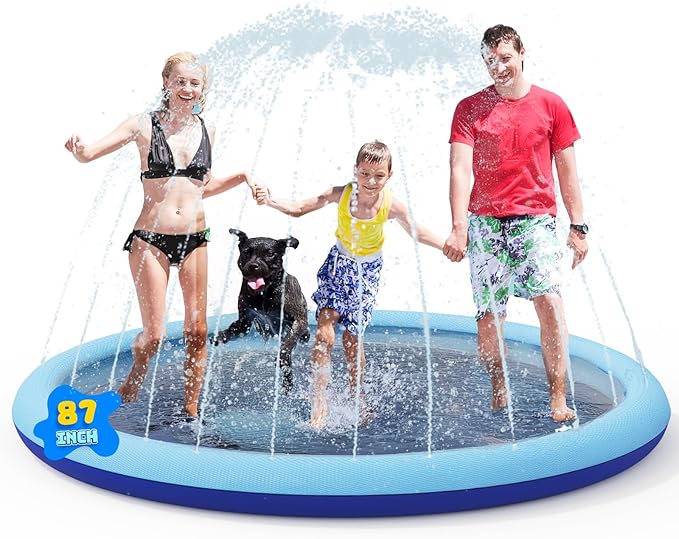 COMMOUDS Splash Pad for Kids and Dogs, Non-Slip Sprinkler Pad Thicken Pool Summer Outdoor Water Toys, Backyard Fountain Play Mat for Baby Toddlers Boys Girls Pet(87Inch)