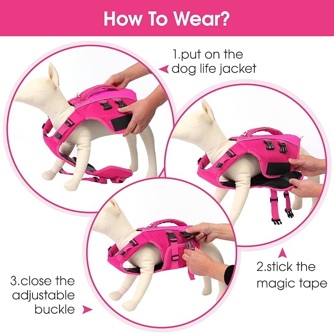 Queenmore Dog Life Jacket Medium,Dog Flotation Vest for Medium Dogs,Ripstop Dog Lifesaver with Rescue Handle,Dog Swimming Vest(Rosered,M)