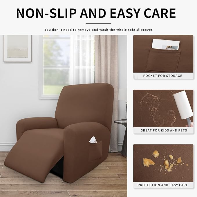 Easy-Going 4 Pieces 100% Dual Waterproof Recliner Cover Stretch Soft Couch Cover for Dogs, Sofa Slipcover for Recliner Couch Leakproof Furniture Protector for Kids, Pets Brown